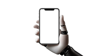Robot hand holding a bezel-less smartphone with a blank white screen. Transparent background.