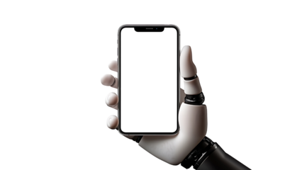 Robot hand holding a bezel-less smartphone with a blank white screen. Transparent background.