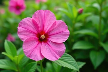 Fototapeta premium Large pink flower in full bloom amidst lush greenery, spring blooms, malva sylvestris, gardens