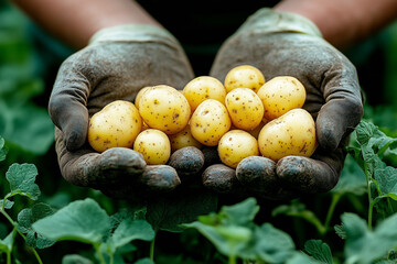 Hands Holding Freshly Harvested Potatoes in an Organic Vegetable Garden