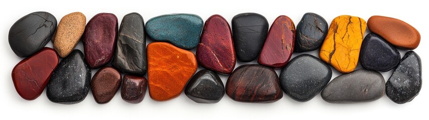 Naklejka premium Colorful, smooth stones arranged in a horizontal row against a white background