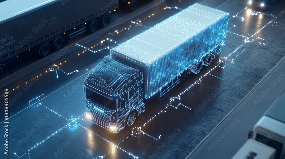 Poster Autonomous truck driving on highway with digital overlay showing route and sensors.