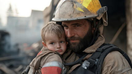 Fototapeta premium firefighter holding child, both covered soot, showcasing moment of relief and safety amidst
