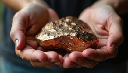 Raw copper ore piece held human hands. Rough stone surface, mineral rock texture. Earth science geology, mining industry, natural resource, material extraction.