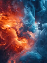 Fototapeta premium A captivating blend of red and icy blue smoke creates a striking contrast, moving dynamically in soft lighting