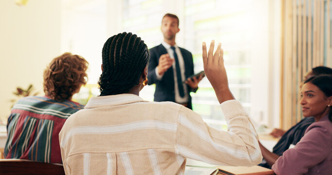 Mentor, question and learning with business people in office for internship program, training and meeting. Advisor, collaboration and help with group of employees in agency for coaching and feedback