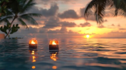 Digits Floating in Infinity Pool with Tiki Torch