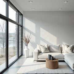 A modern, minimalist living room with a beige sectional sofa, cozy pillows, a round wooden coffee table, and indoor plants. Sunlight streams through large windows, creating a warm and inviting ambianc