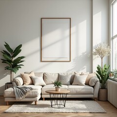 A modern, minimalist living room with a beige sectional sofa, cozy pillows, a round wooden coffee table, and indoor plants. Sunlight streams through large windows, creating a warm and inviting ambianc