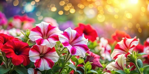 Obraz premium Vibrant spring petuniasâ€”red, white, and pinkâ€”burst in a bokeh-blurred garden center.