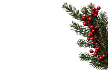 Festive foliage with red berries against black, cut out transparent