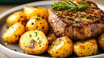 Juicy steak with roasted potatoes garnished with herbs, perfect for hearty meal