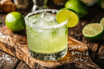 Fototapeta premium A refreshing margarita cocktail garnished with a lime wedge, salt rim, and served in a chilled glass on a rustic wooden bar top