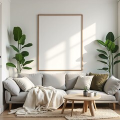 A modern, minimalist living room with a beige sectional sofa, cozy pillows, a round wooden coffee table, and indoor plants. Sunlight streams through large windows, creating a warm and inviting ambianc