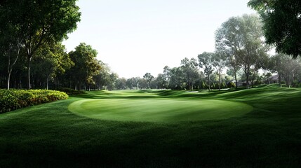 Obraz premium Serene golf course landscape showcasing the lush green fairway and trees