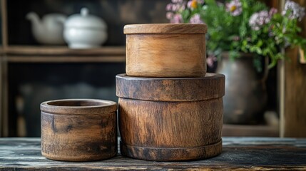 Fototapeta premium Three Rustic Wooden Containers Stacked on a Wooden Table with a Blurred Background of Teapots and Flowers
