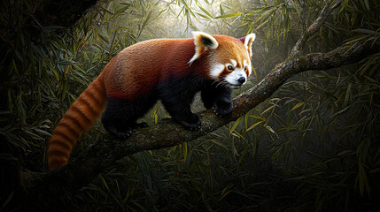 Naklejka premium Red Panda On Branch In Forest Scene