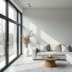 A modern, minimalist living room with a beige sectional sofa, cozy pillows, a round wooden coffee table, and indoor plants. Sunlight streams through large windows, creating a warm and inviting ambianc