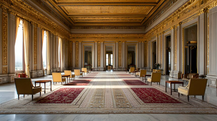 Obraz premium Luxurious Palace Interior With Golden Decor Red Carpet and Elegant Furniture in Daylight