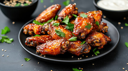 Delicious buffalo wings garnished with sesame seeds and herbs, served with dipping sauces