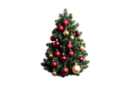 Elegant Christmas tree with red and gold ornaments, cut out transparent