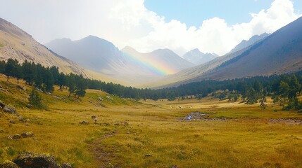 Majestic mountain valley landscape with a rainbow appearing after a light rain shower.