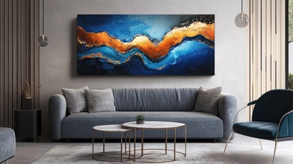 Abstract Gold and Blue Ocean Waves Modern Canvas Wall Art for Living Room Decor