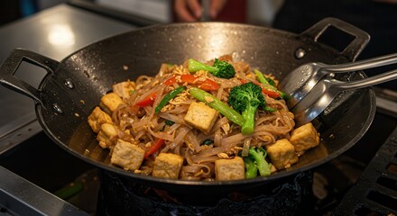 Cooking Pad Thai with Tofu and Vegetables in a Wok