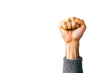 Raised fist in gray sweater sleeve, power, gesture, isolated, cut out transparent