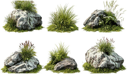 Vector composition, rock and grass meadow set, isolated landscape design, natural scenery, grassy terrain, outdoor backdrop, nature layout, rock formations, rural landscape © aura studio