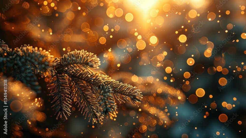 Poster golden hour winter tree branch with snow and sparkles