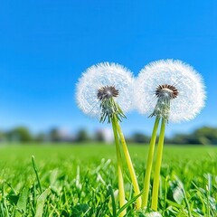 Naklejka premium Dandelion flowers with fluff against a blue sky, green grass in the background.