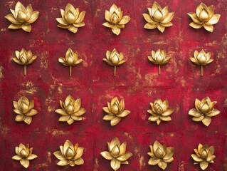 Golden Lotus Flower Pattern on Red Textured Background