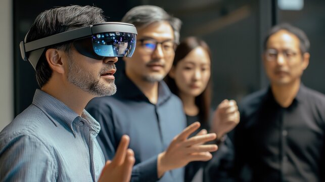 Immersive Innovation: A team collaborates, exploring virtual reality with a sleek VR headset, demonstrating futuristic technology.