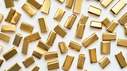 Golden Rectangular Metal Pieces Scattered on White Background