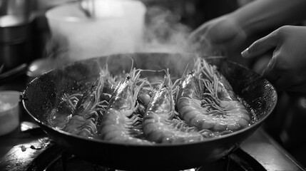 Black and white image of prawns cooking in a pan with steam rising from the pan on a stove top