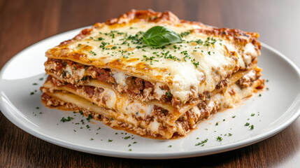 Delicious gourmet lasagna with golden cheese crust and fresh basil, perfect for any meal
