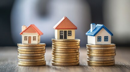 Miniature houses on stacks of coins, representing real estate investment, blurred background