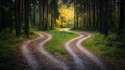 Obraz premium Scenic dirt road leading through a beautiful forest with lush vegetation and sunlight streaming through the canopy on a clear day.