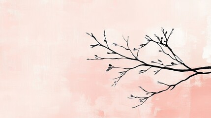 Delicate Branch Silhouette Against a Pastel Pink Sky Artistic Watercolor Painting