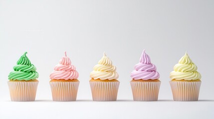 Colorful cupcakes in a row on white background.