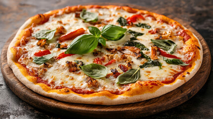 Gourmet vegan pizza topped with fresh basil, vegetables, and melted cheese, perfect for sharing