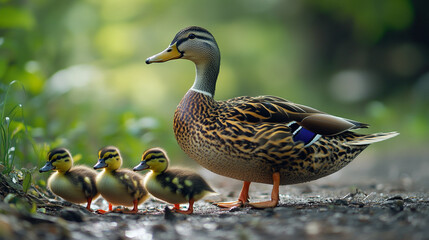 Obraz premium A mallard duck with three ducklings walking in a row on a path in a green natural setting