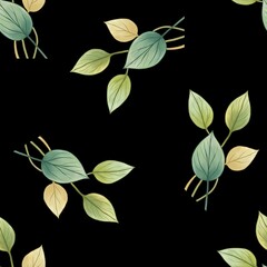 A seamless pattern featuring various green leaves on a black background. The leaves are illustrated in soft, natural tones, creating a harmonious and organic design.