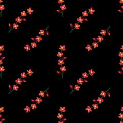 A seamless pattern featuring vibrant red and yellow flowers on a black background, creating a striking contrast. Ideal for textile design or wallpapers.