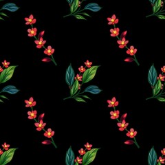 A seamless pattern featuring vibrant red flowers and green leaves on a black background. The floral design is intricate and colorful, perfect for textiles or wallpapers.