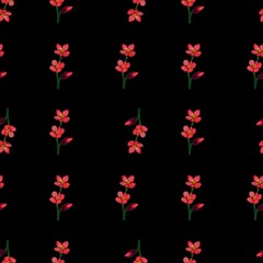 A seamless pattern featuring small red flowers on a black background, creating a vibrant and elegant design suitable for textiles or wallpapers.