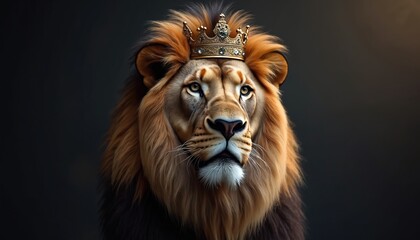 Majestic lion portrait wears crown against dark background. King animal, symbol of power, royalty, strength, pride. Regal beast with golden crown evokes strength. Cinematic wallpaper.