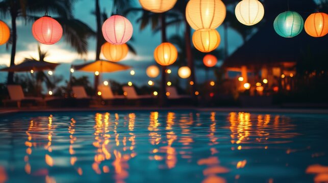 Digits Floating in Pool Under Colorful Lantern