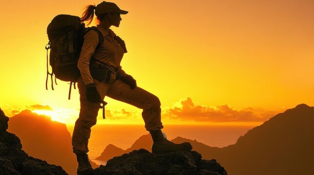 Silhouette of hiker at sunset, atop mountain, overlooking ocean